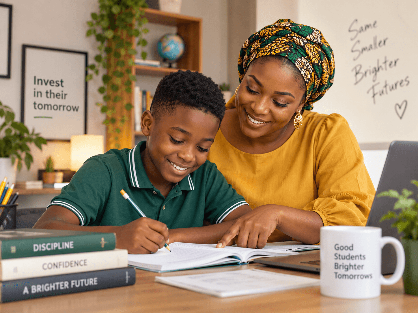 A parent and child studying together at a table